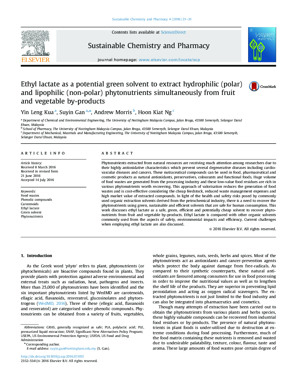 Ethyl lactate as a potential green solvent to extract hydrophilic (polar) and lipophilic (non-polar) phytonutrients simultaneously from fruit and vegetable by-products