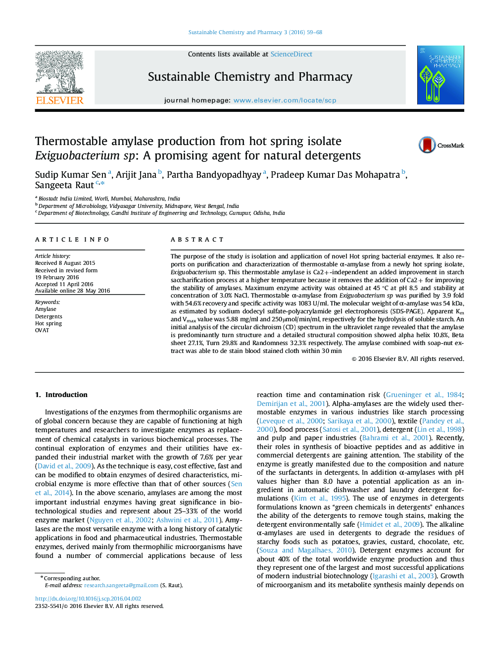 Thermostable amylase production from hot spring isolate Exiguobacterium sp: A promising agent for natural detergents