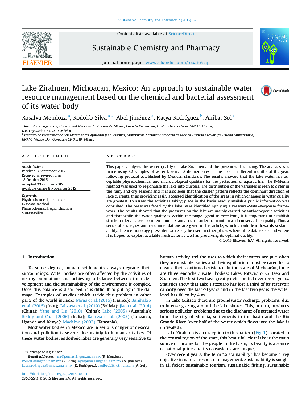 Lake Zirahuen, Michoacan, Mexico: An approach to sustainable water resource management based on the chemical and bacterial assessment of its water body