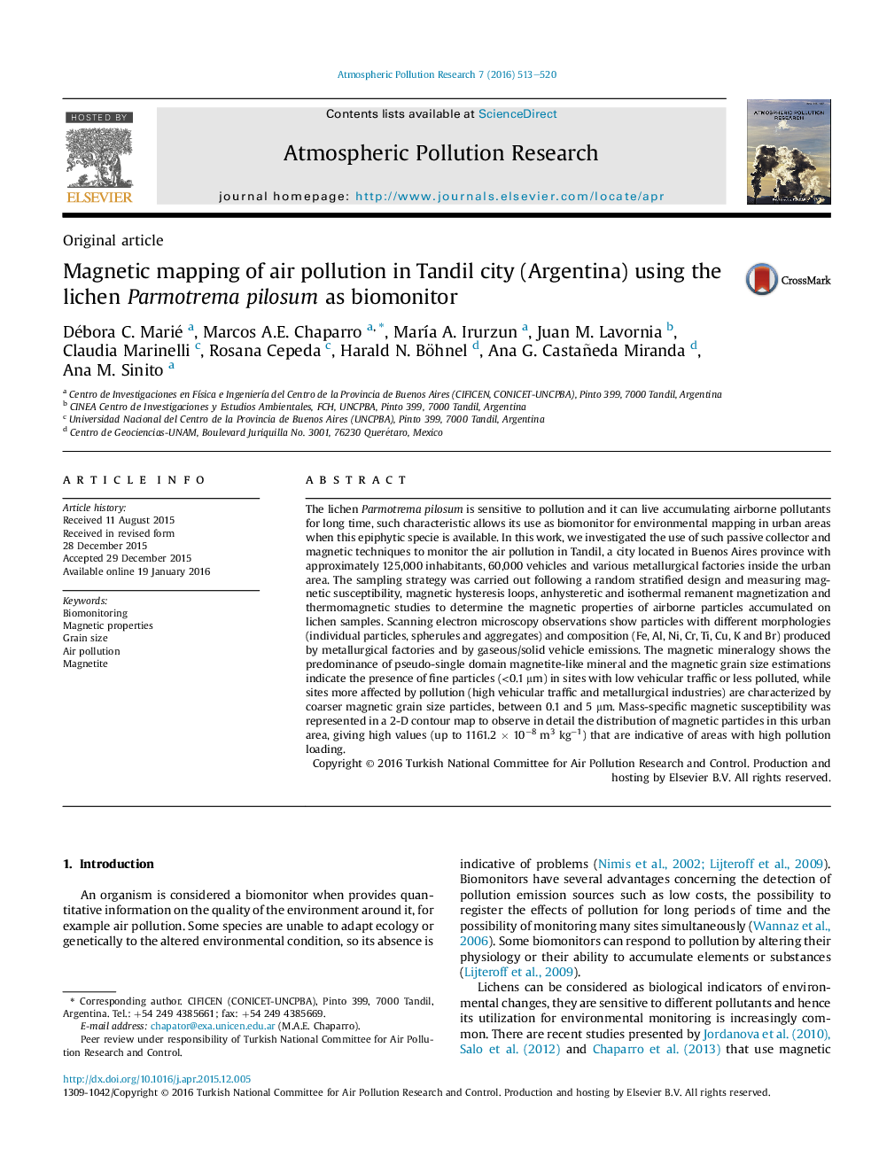 Magnetic mapping of air pollution in Tandil city (Argentina) using the lichen Parmotrema pilosum as biomonitor 