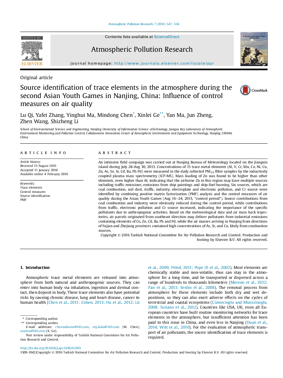 Source identification of trace elements in the atmosphere during the second Asian Youth Games in Nanjing, China: Influence of control measures on air quality 