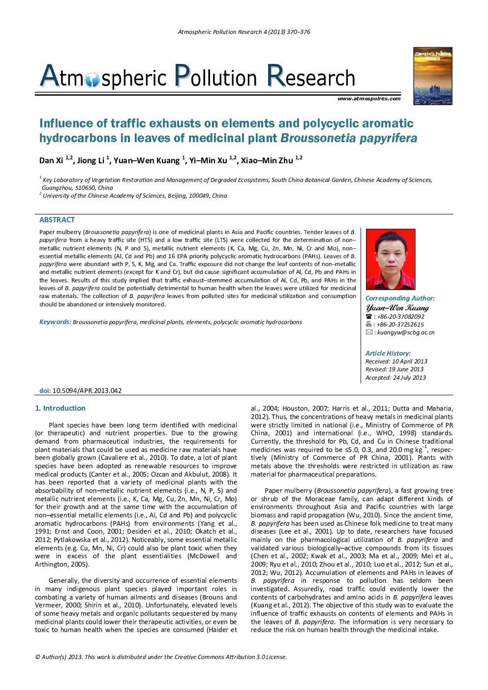 Influence of traffic exhausts on elements and polycyclic aromatic hydrocarbons in leaves of medicinal plant Broussonetia papyrifera