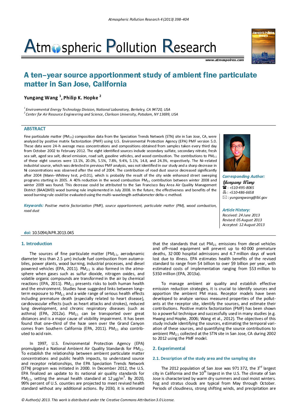 A ten–year source apportionment study of ambient fine particulate matter in San Jose, California