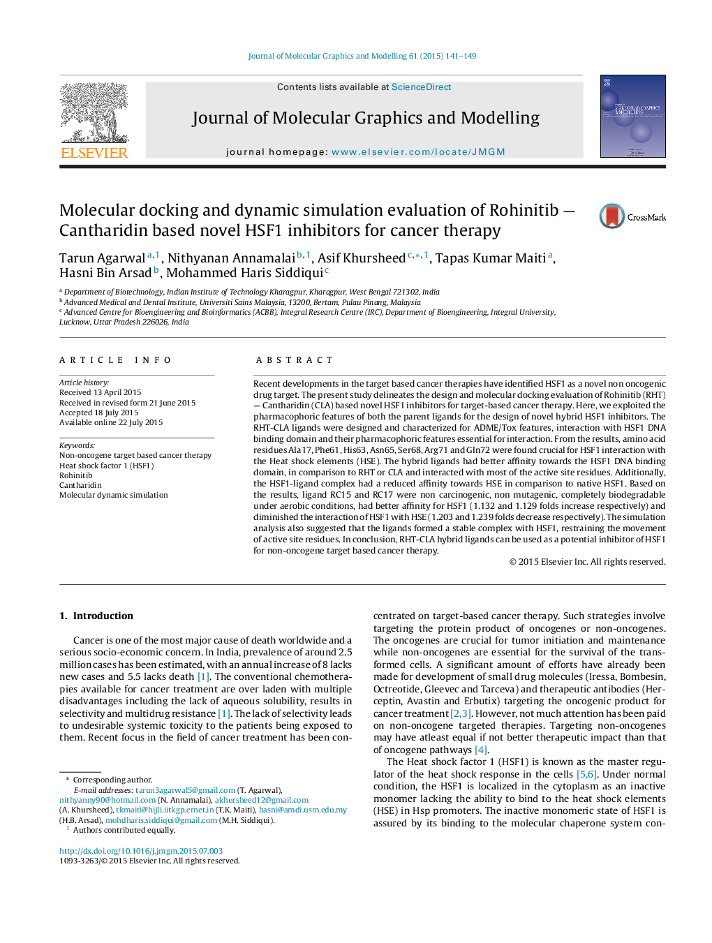 Molecular docking and dynamic simulation evaluation of Rohinitib — Cantharidin based novel HSF1 inhibitors for cancer therapy