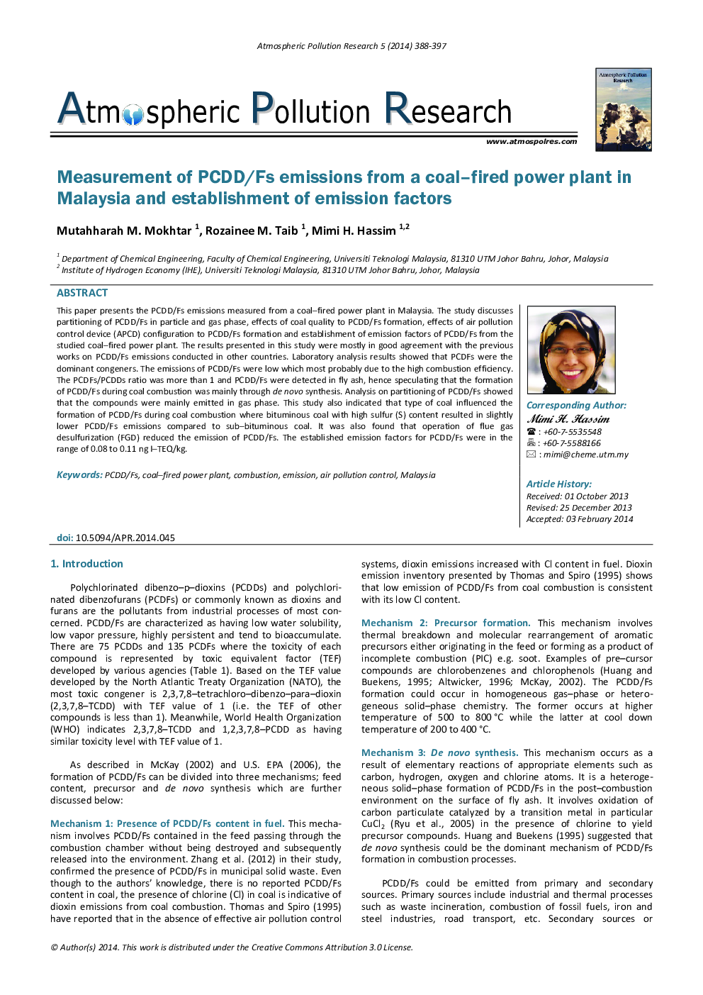 Measurement of PCDD/Fs emissions from a coal–fired power plant in Malaysia and establishment of emission factors