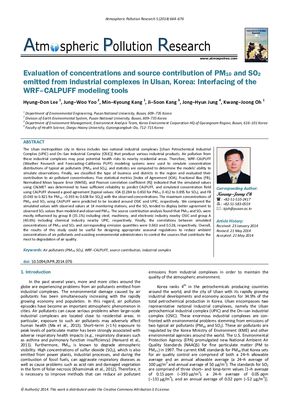 Evaluation of concentrations and source contribution of PM10 and SO2 emitted from industrial complexes in Ulsan, Korea: Interfacing of the WRF–CALPUFF modeling tools