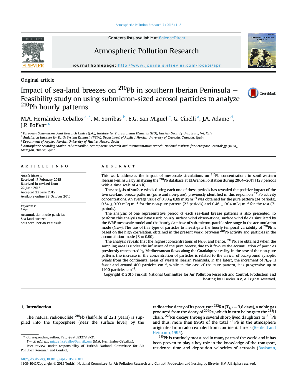 Impact of sea-land breezes on 210Pb in southern Iberian Peninsula – Feasibility study on using submicron-sized aerosol particles to analyze 210Pb hourly patterns 