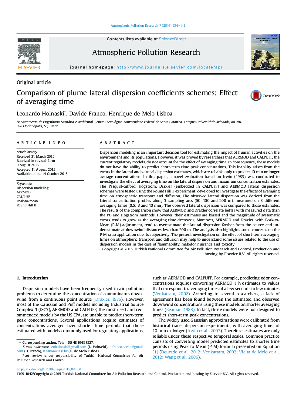 Comparison of plume lateral dispersion coefficients schemes: Effect of averaging time 