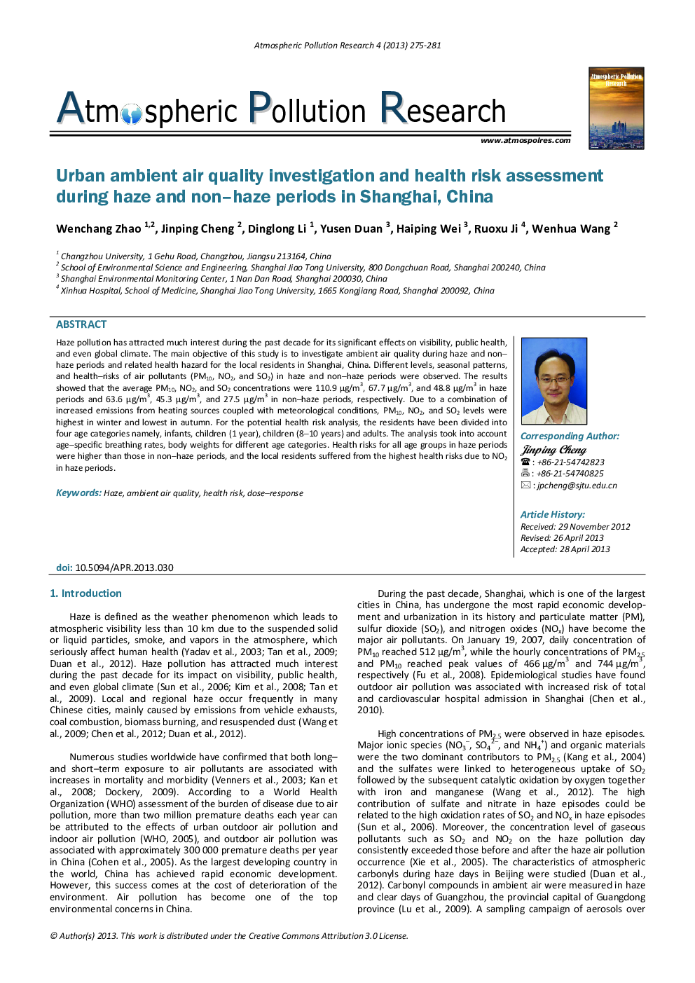 Urban ambient air quality investigation and health risk assessment during haze and non–haze periods in Shanghai, China