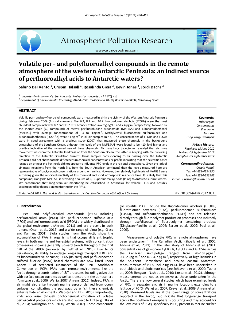 Volatile per- and polyfluoroalkyl compounds in the remote atmosphere of the western Antarctic Peninsula: an indirect source of perfluoroalkyl acids to Antarctic waters?