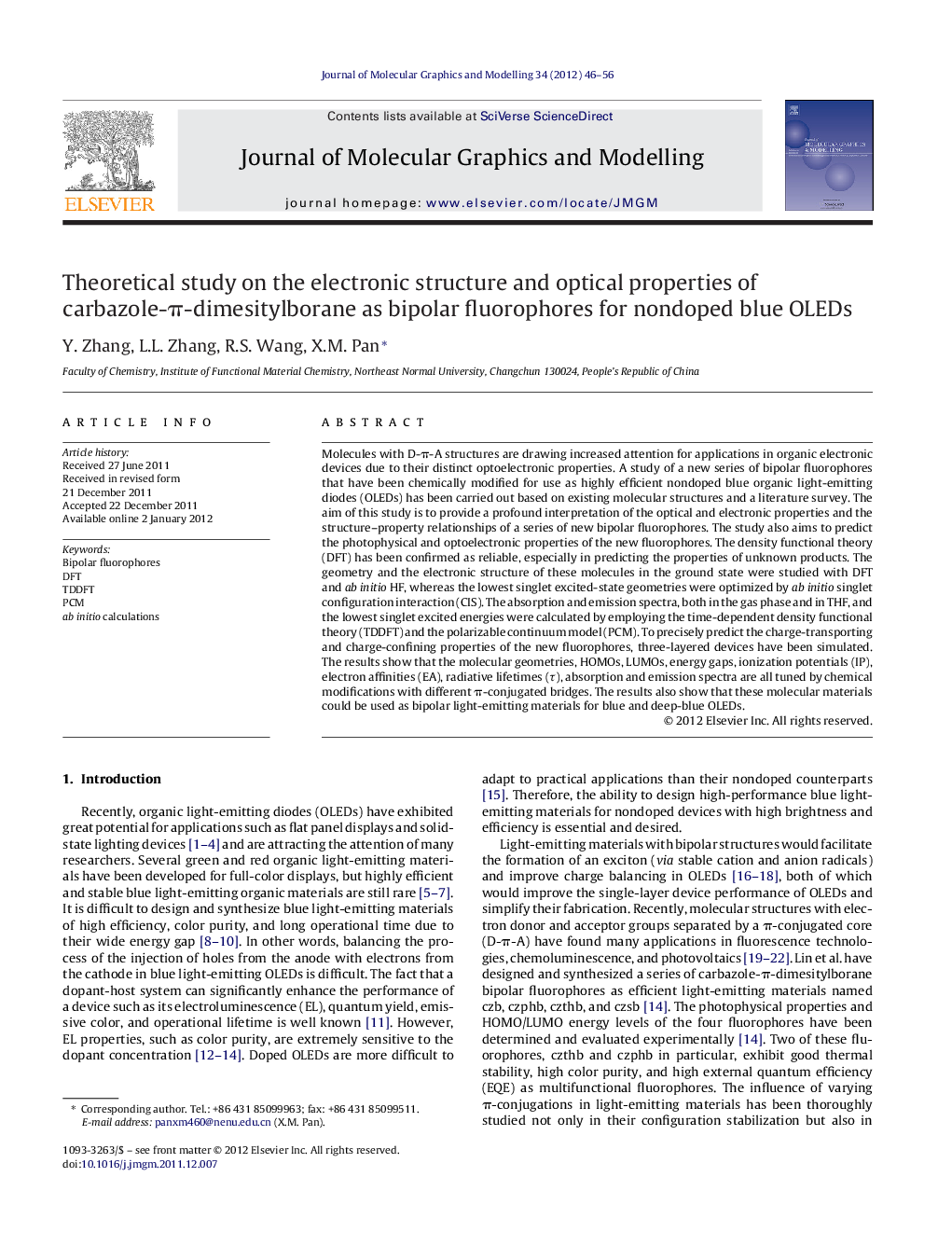 Theoretical study on the electronic structure and optical properties of carbazole-π-dimesitylborane as bipolar fluorophores for nondoped blue OLEDs