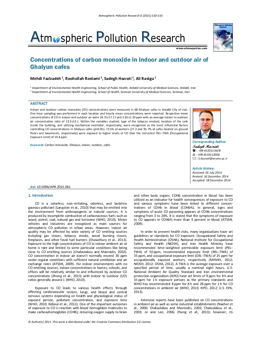 Concentrations of carbon monoxide in indoor and outdoor air of Ghalyun cafes