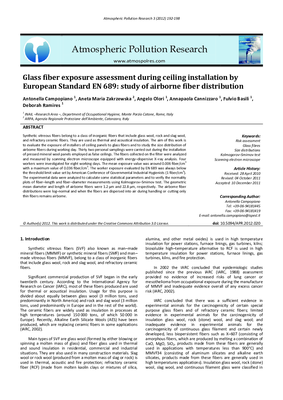 Glass fiber exposure assessment during ceiling installation by European Standard EN 689: study of airborne fiber distribution