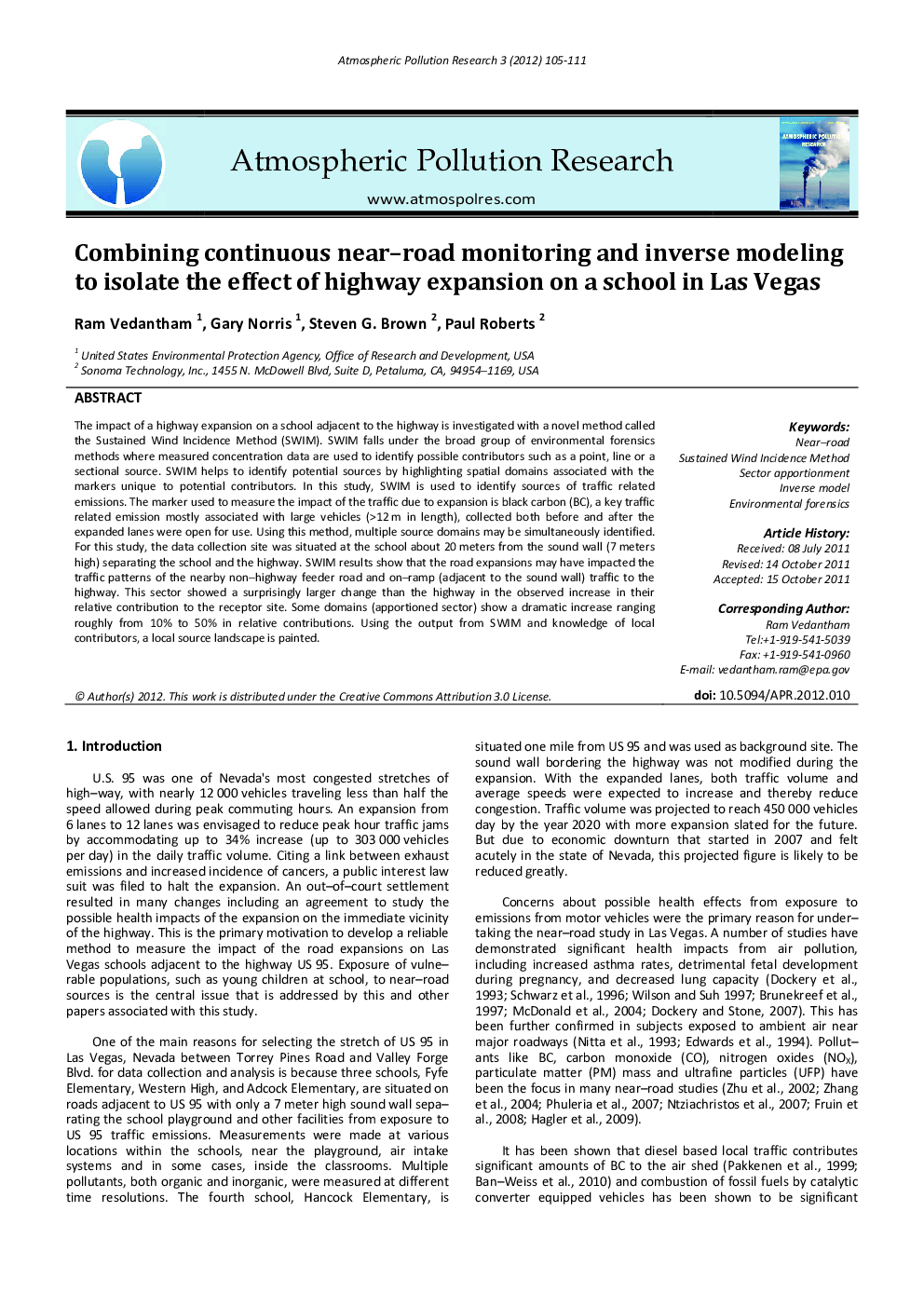 عکس صفحه اول مقاله: Combining continuous near–road monitoring and inverse modeling to isolate the effect of highway expansion on a school in Las Vegas Combining continuous near–road monitoring and inverse modeling to isolate the effect of highway expansion on a school in Las Vegas