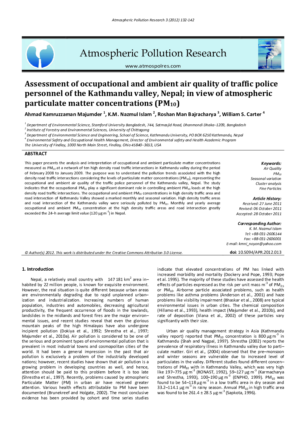 Assessment of occupational and ambient air quality of traffic police personnel of the Kathmandu valley, Nepal; in view of atmospheric particulate matter concentrations (PM10)