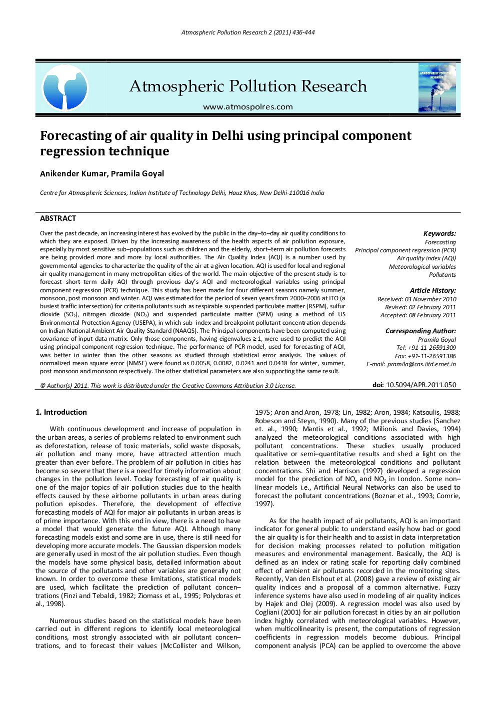 Forecasting of air quality in Delhi using principal component regression technique