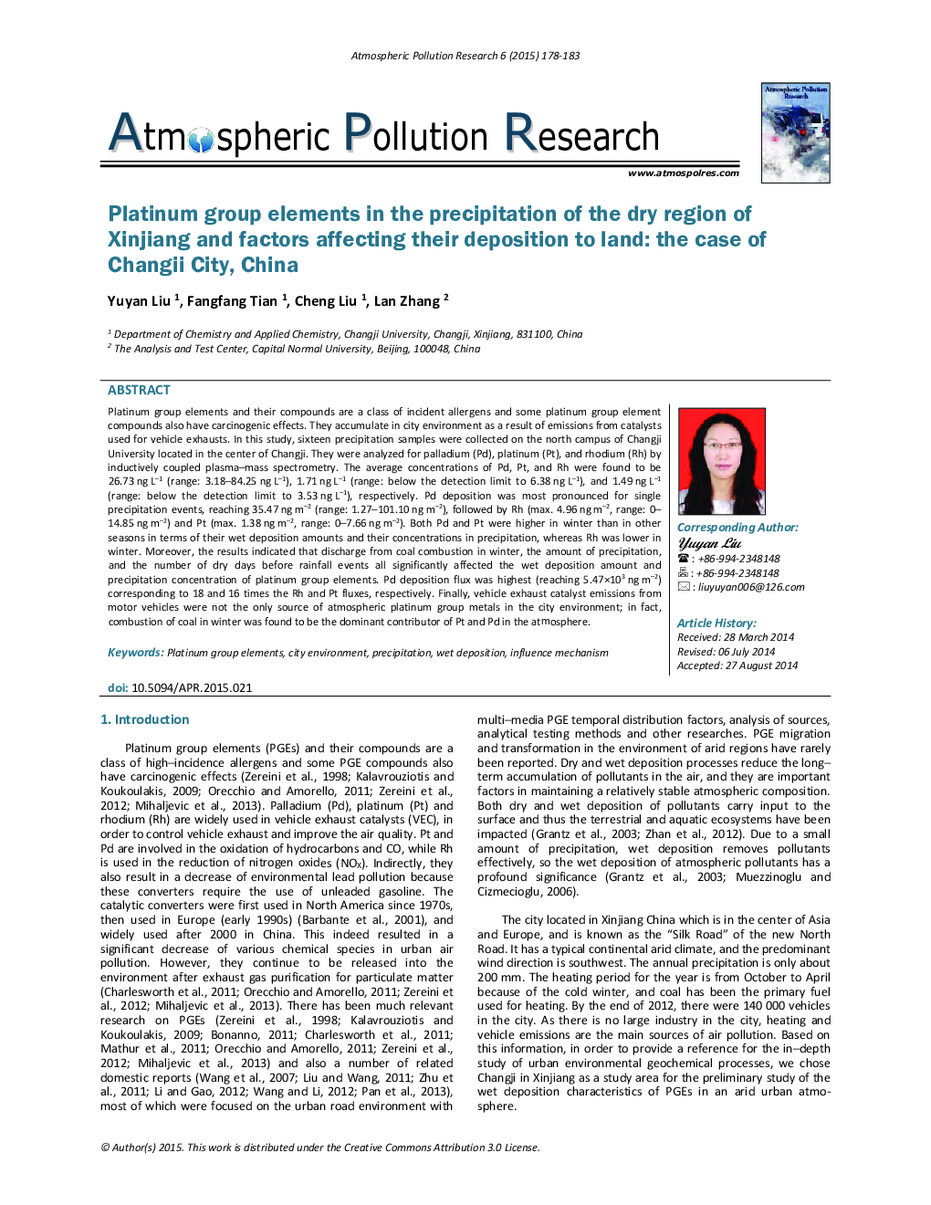 Platinum group elements in the precipitation of the dry region of Xinjiang and factors affecting their deposition to land: the case of Changii City, China