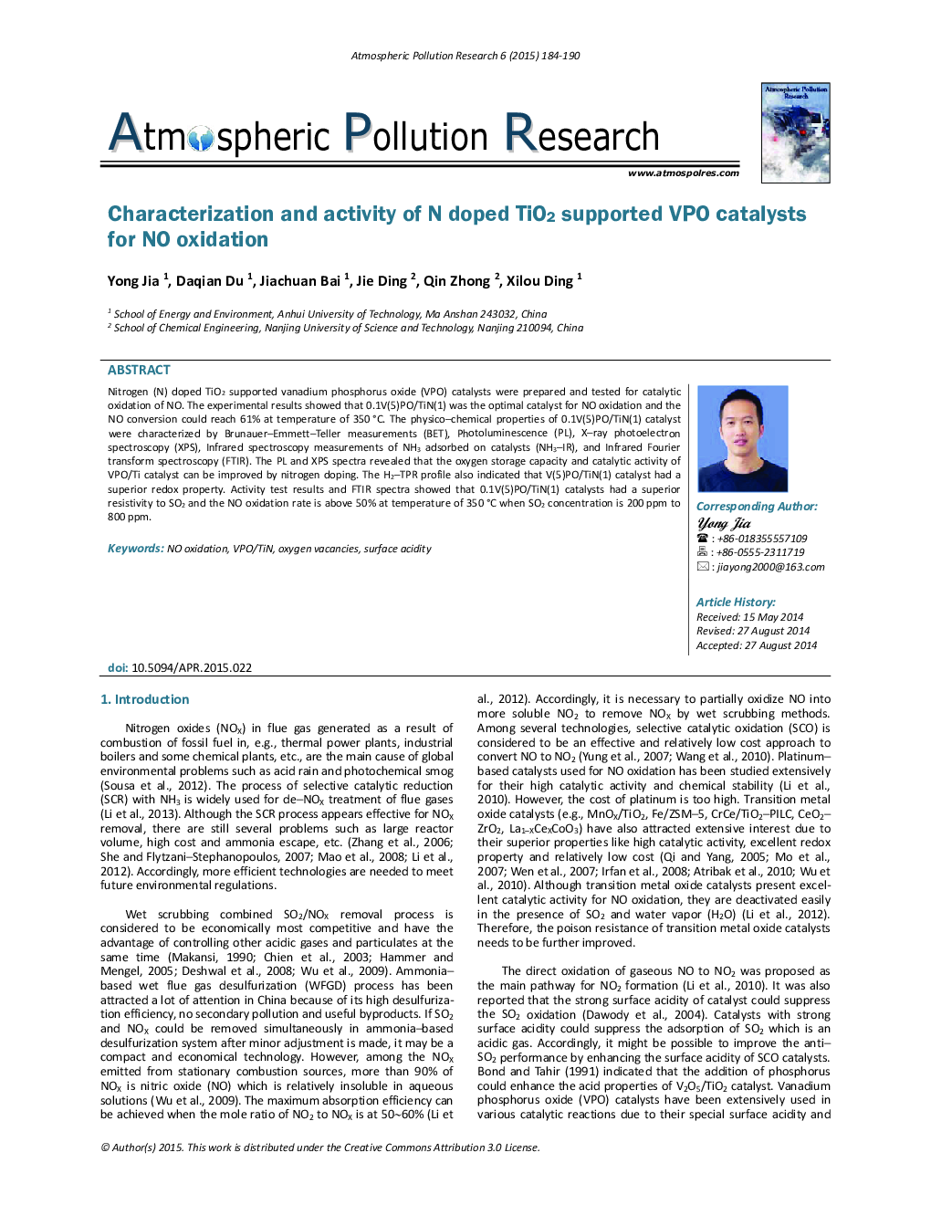 Characterization and activity of N doped TiO2 supported VPO catalysts for NO oxidation