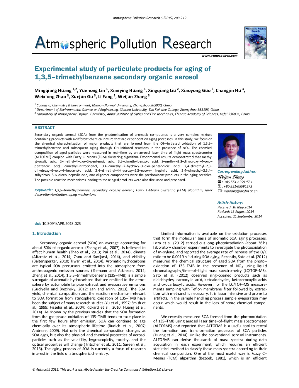 Experimental study of particulate products for aging of 1,3,5–trimethylbenzene secondary organic aerosol