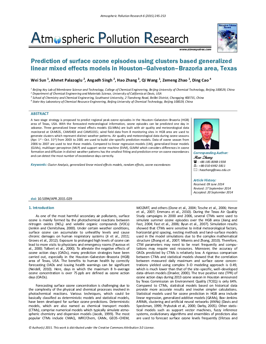 Prediction of surface ozone episodes using clusters based generalized linear mixed effects models in Houston–Galveston–Brazoria area, Texas