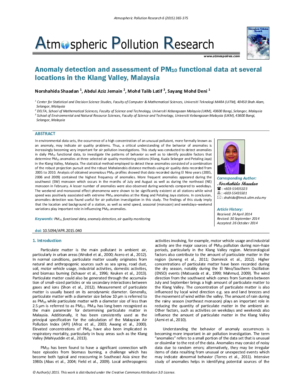 Anomaly detection and assessment of PM10 functional data at several locations in the Klang Valley, Malaysia