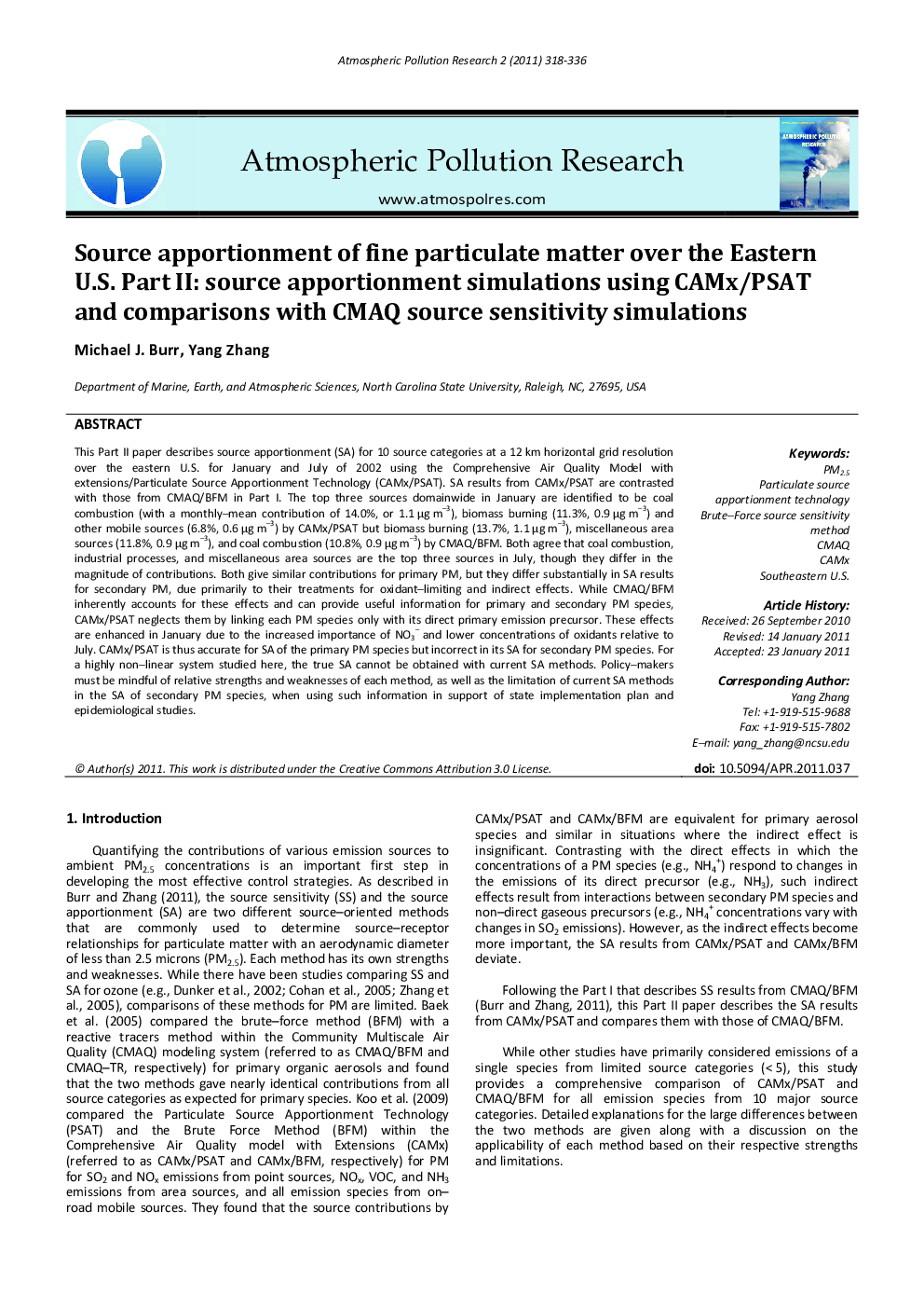 Source apportionment of fine particulate matter over the Eastern U.S. Part II: source apportionment simulations using CAMx/PSAT and comparisons with CMAQ source sensitivity simulations