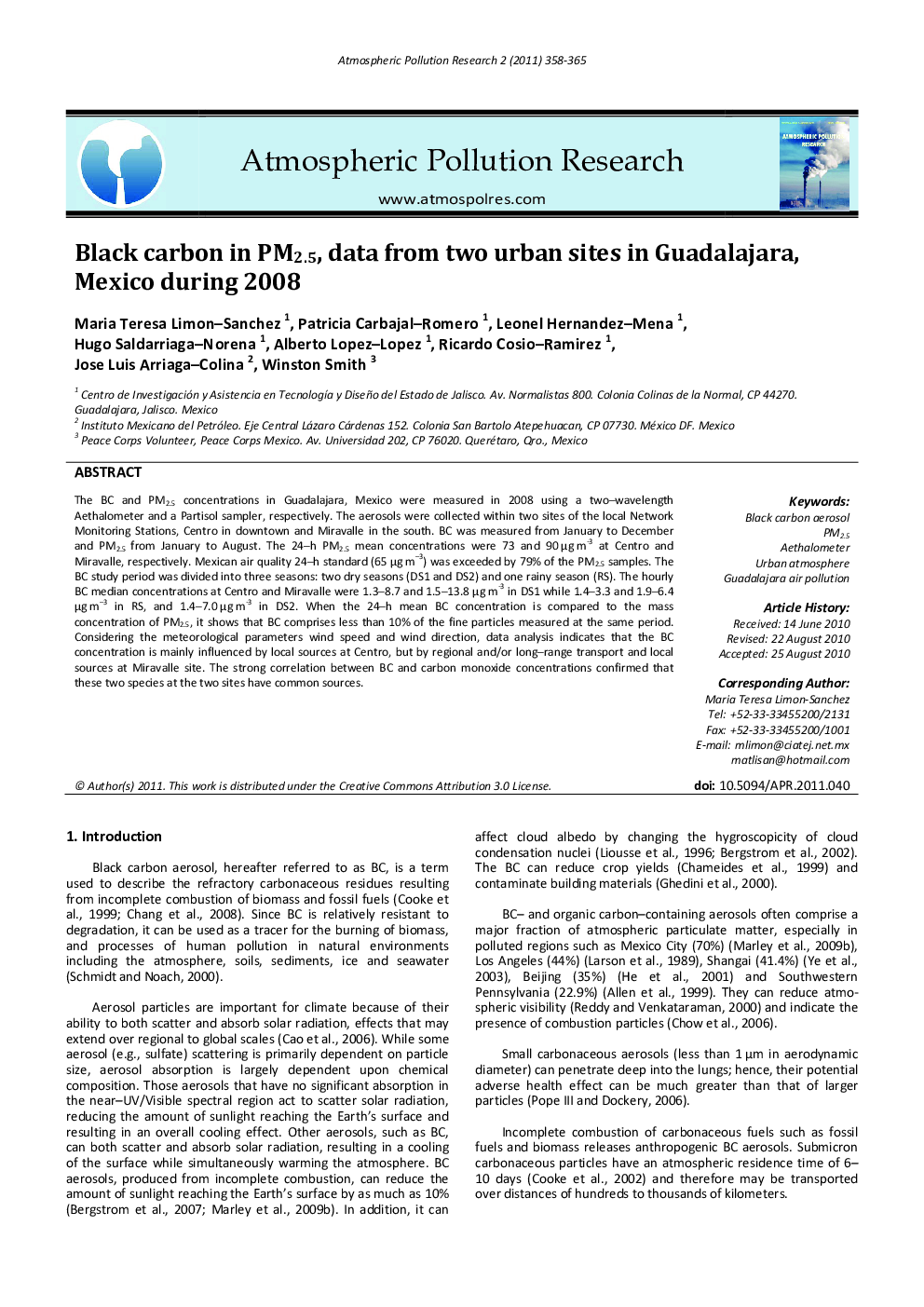 Black carbon in PM2.5, data from two urban sites in Guadalajara, Mexico during 2008