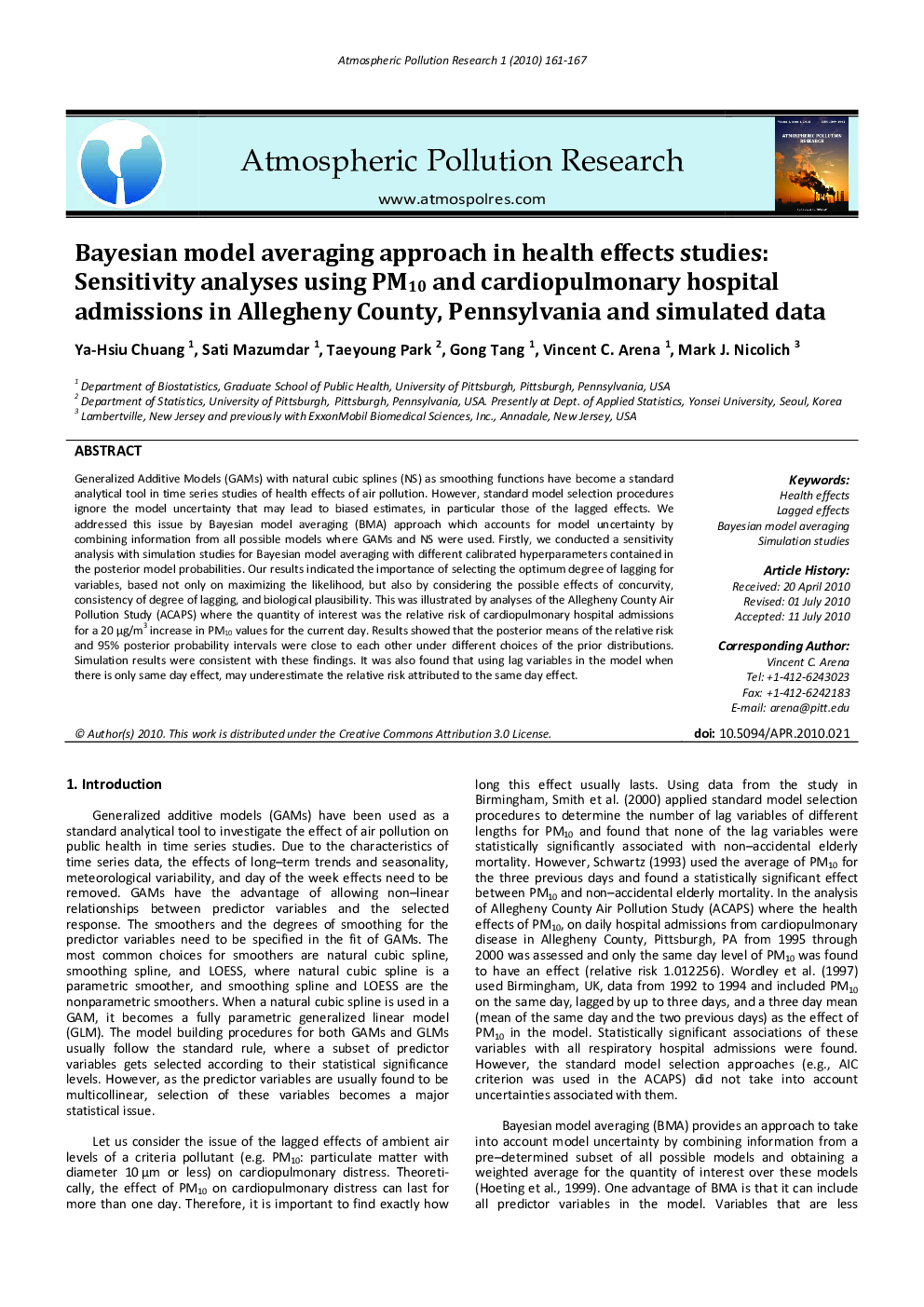عکس صفحه اول مقاله: Bayesian model averaging approach in health effects studies: Sensitivity analyses using PM10 and cardiopulmonary hospital admissions in Allegheny County, Pennsylvania and simulated data Bayesian model averaging approach in health effects studies: Sensitivity analyses using PM10 and cardiopulmonary hospital admissions in Allegheny County, Pennsylvania and simulated data