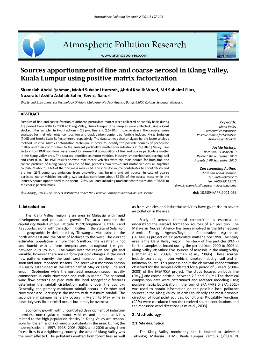 Sources apportionment of fine and coarse aerosol in Klang Valley, Kuala Lumpur using positive matrix factorization