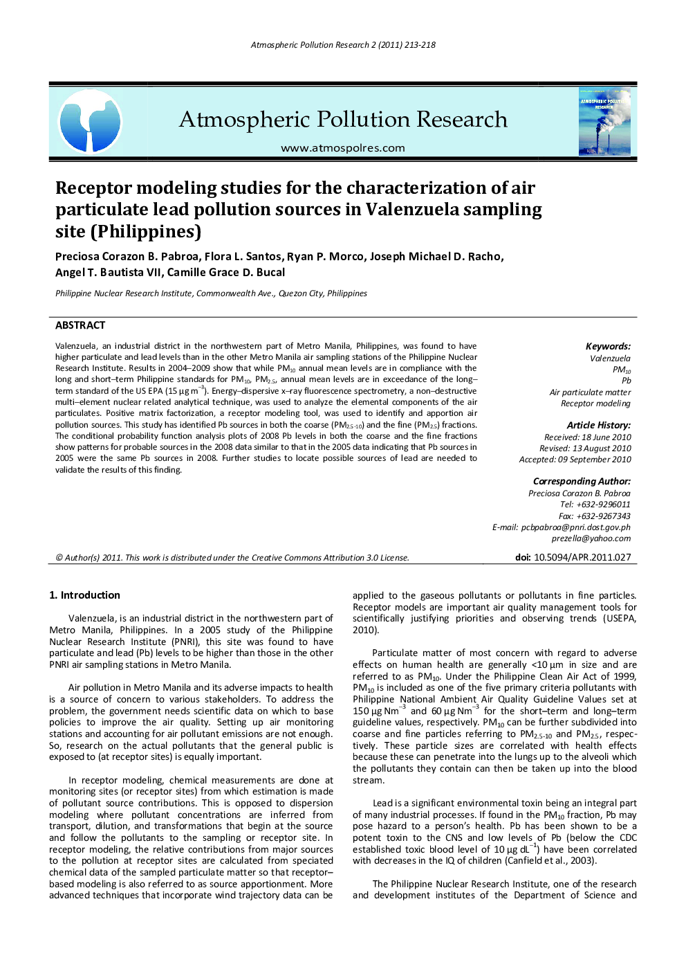 Receptor modeling studies for the characterization of air particulate lead pollution sources in Valenzuela sampling site (Philippines)