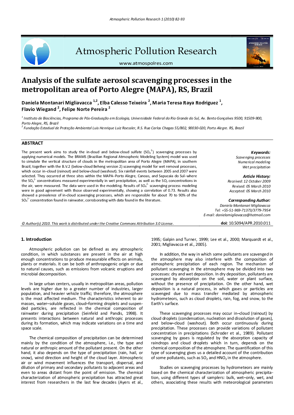 Analysis of the sulfate aerosol scavenging processes in the metropolitan area of Porto Alegre (MAPA), RS, Brazil