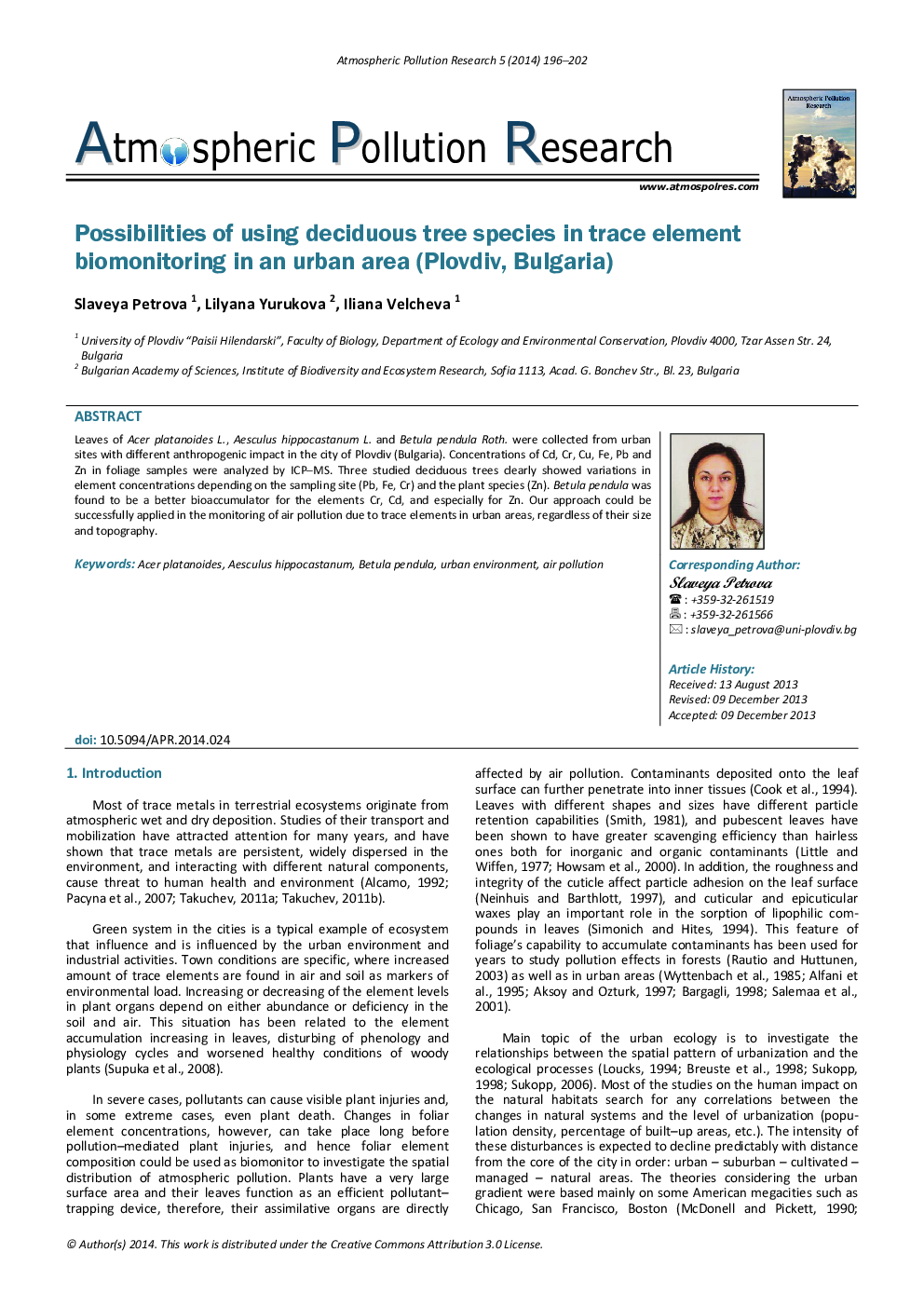 Possibilities of using deciduous tree species in trace element biomonitoring in an urban area (Plovdiv, Bulgaria)