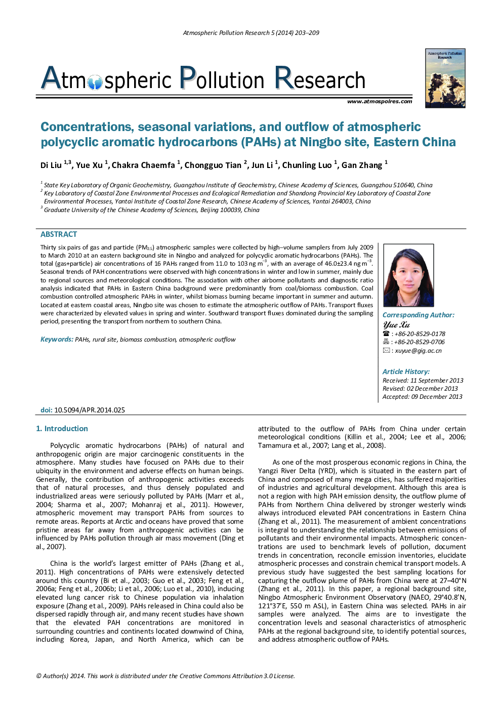 Concentrations, seasonal variations, and outflow of atmospheric polycyclic aromatic hydrocarbons (PAHs) at Ningbo site, Eastern China