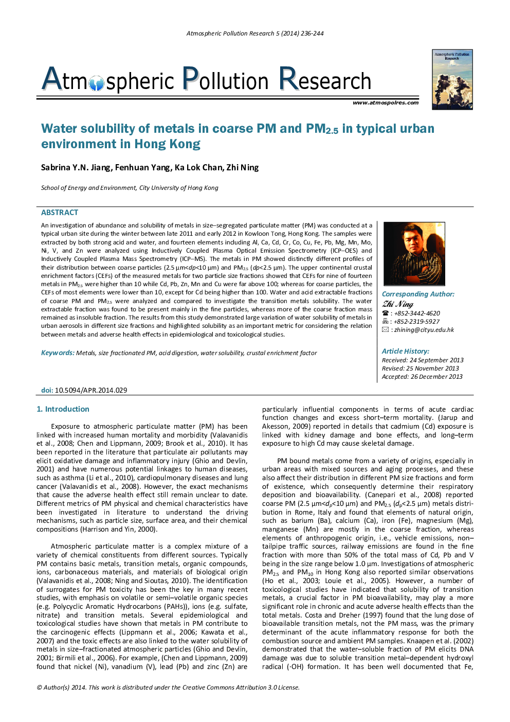 Water solubility of metals in coarse PM and PM2.5 in typical urban environment in Hong Kong