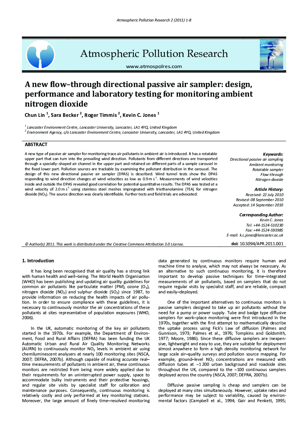 A new flow–through directional passive air sampler: design, performance and laboratory testing for monitoring ambient nitrogen dioxide