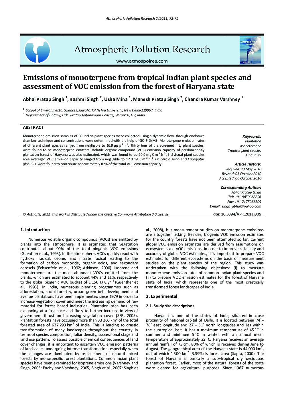 Emissions of monoterpene from tropical Indian plant species and assessment of VOC emission from the forest of Haryana state