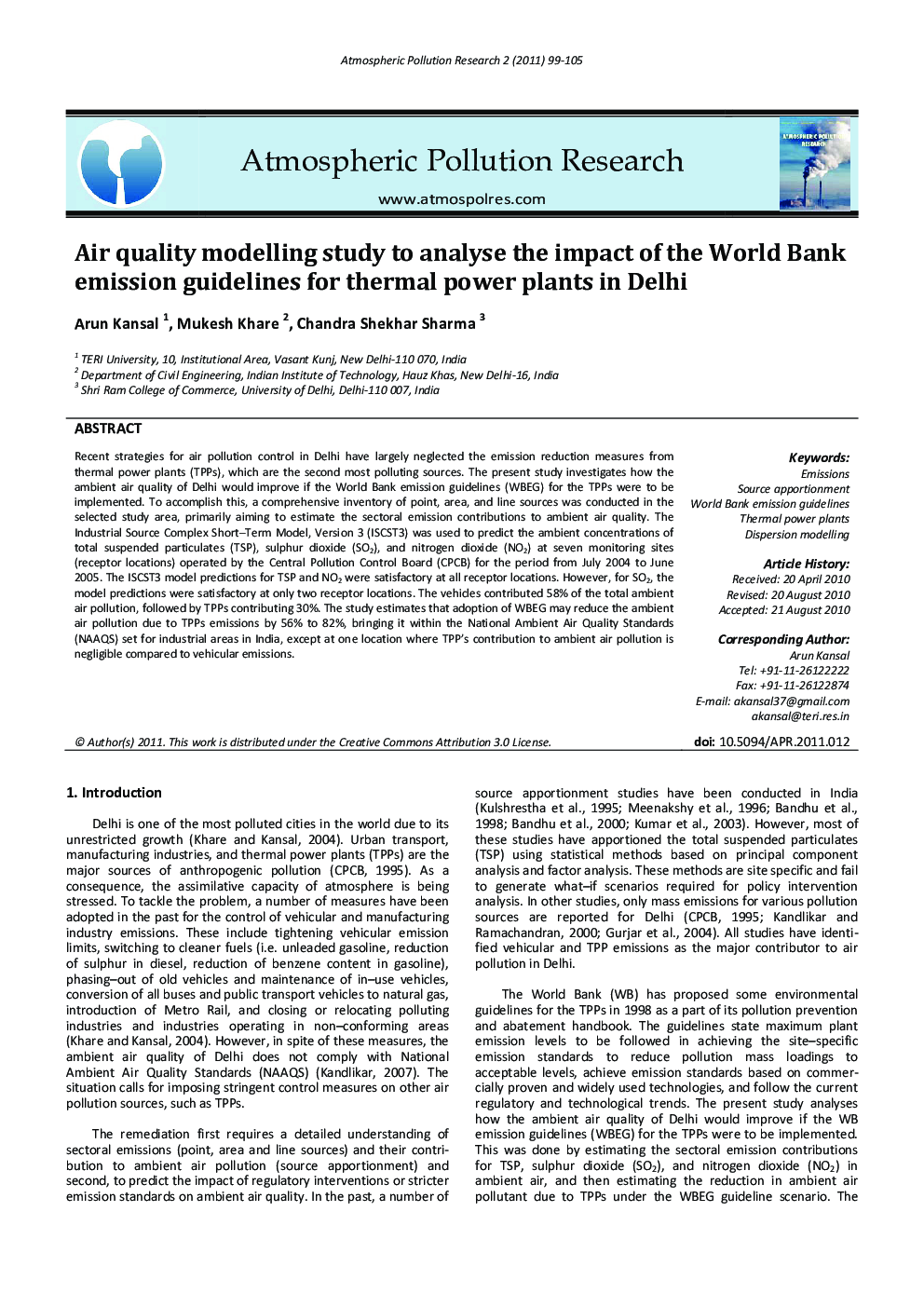 Air quality modelling study to analyse the impact of the World Bank emission guidelines for thermal power plants in Delhi