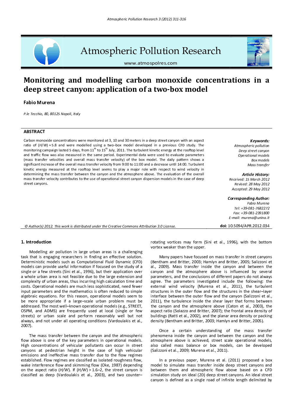 Monitoring and modelling carbon monoxide concentrations in a deep street canyon: application of a two-box model