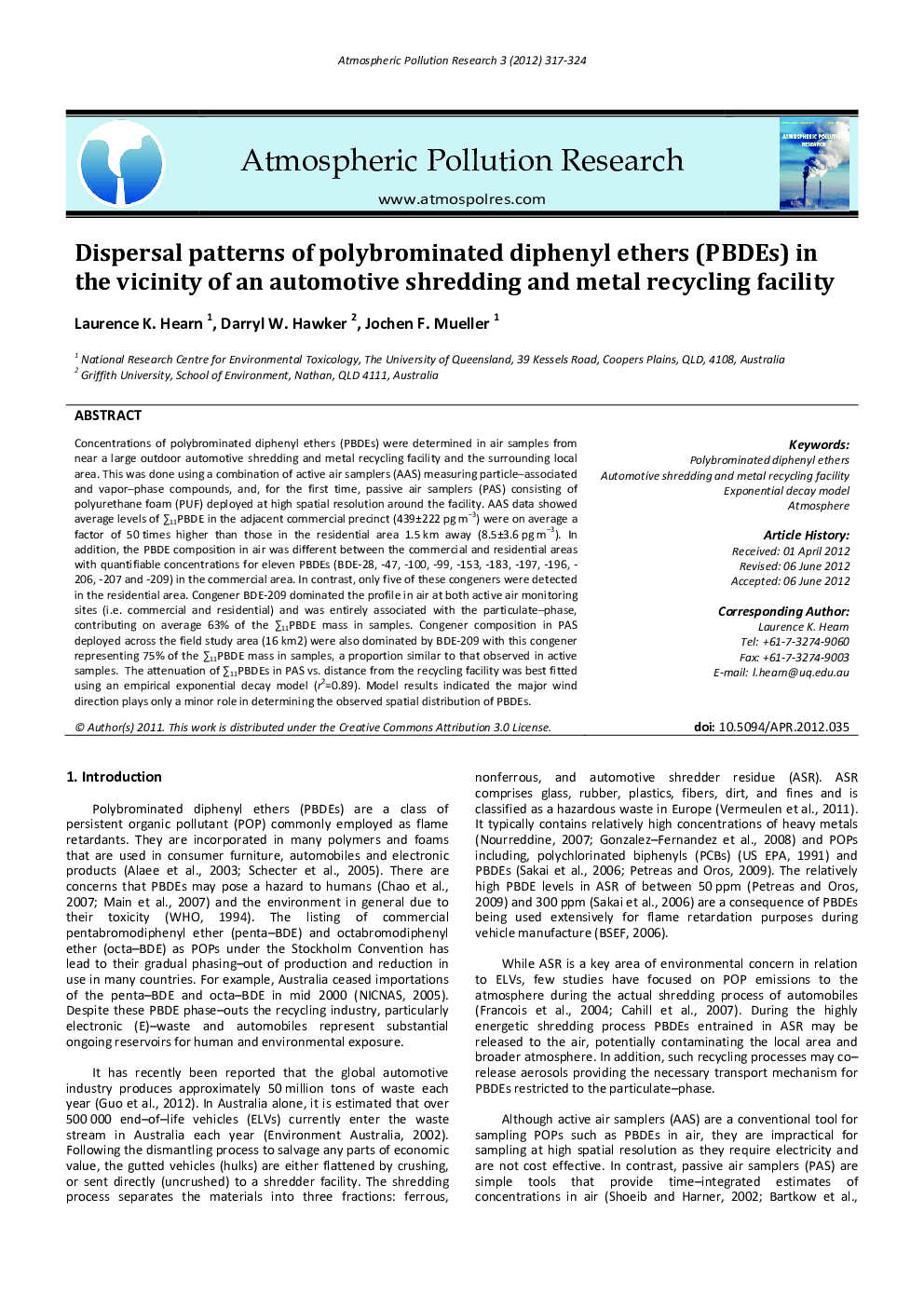 Dispersal patterns of polybrominated diphenyl ethers (PBDEs) in the vicinity of an automotive shredding and metal recycling facility