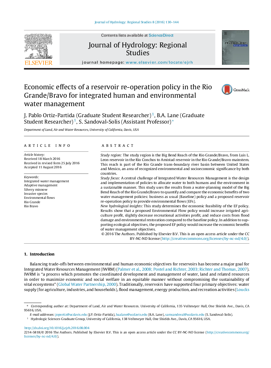 Economic effects of a reservoir re-operation policy in the Rio Grande/Bravo for integrated human and environmental water management