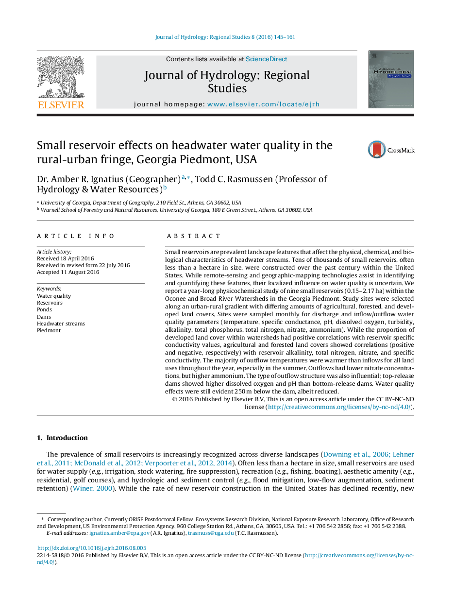 Small reservoir effects on headwater water quality in the rural-urban fringe, Georgia Piedmont, USA