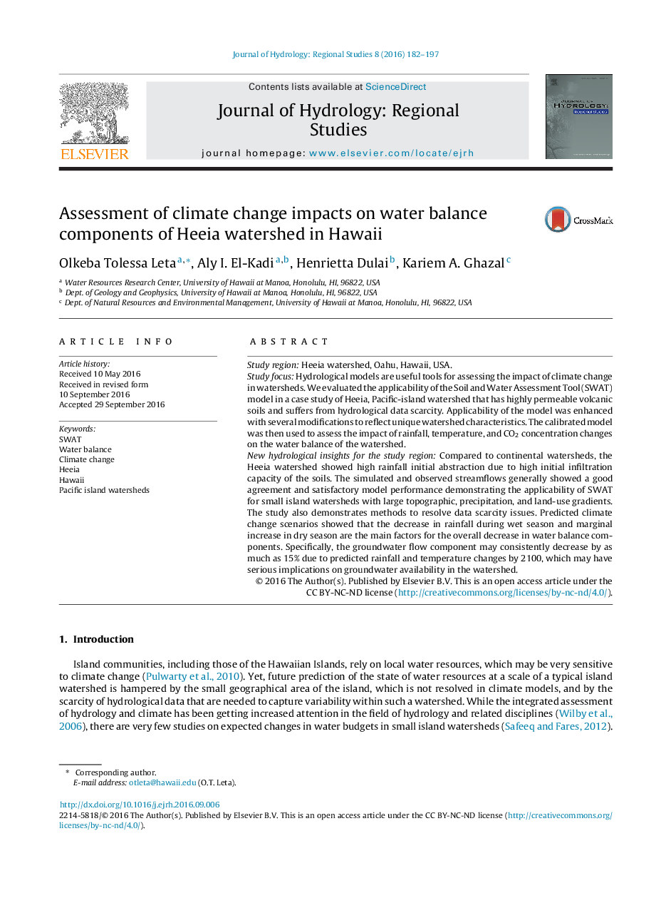 Assessment of climate change impacts on water balance components of Heeia watershed in Hawaii