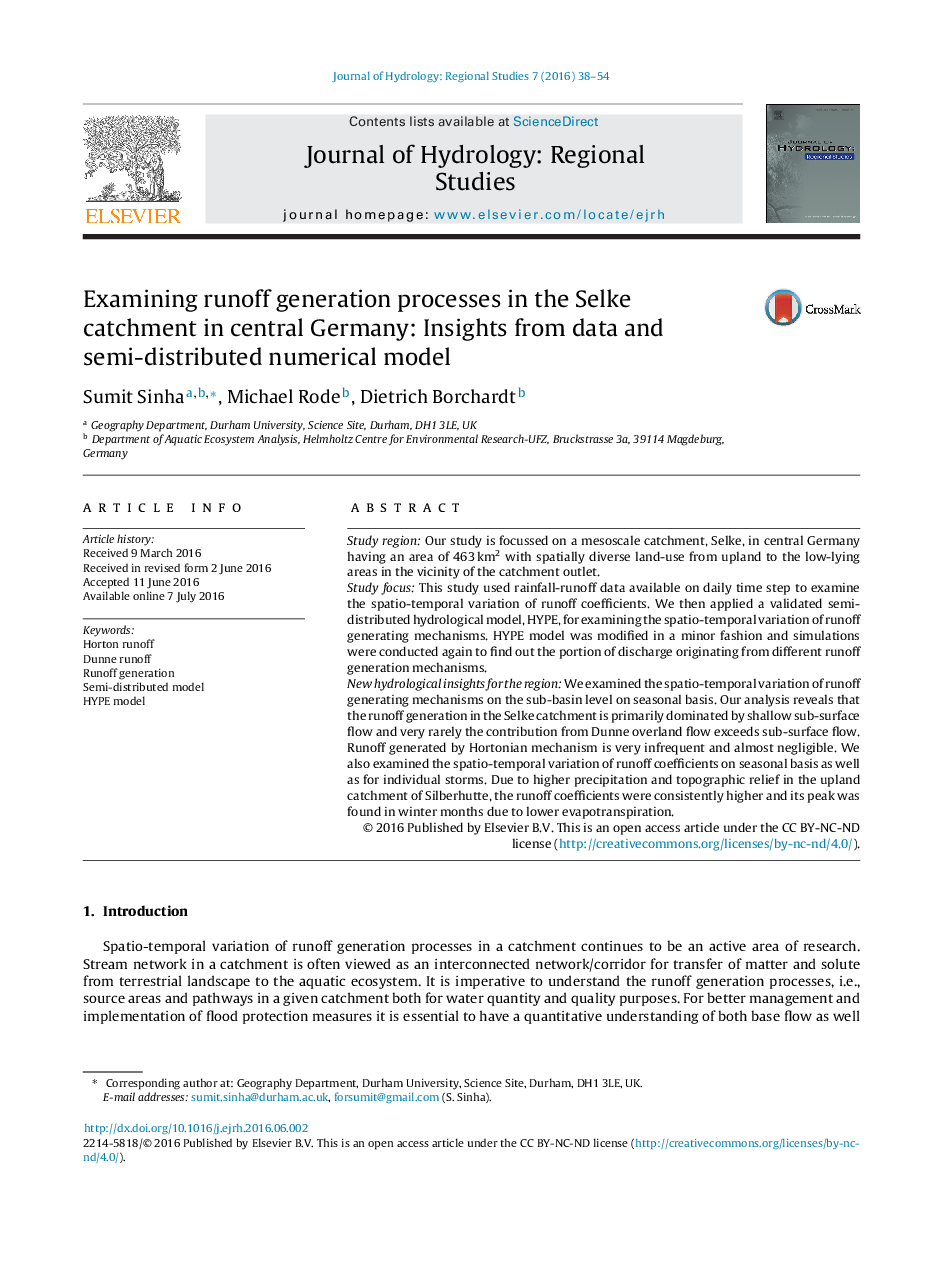 Examining runoff generation processes in the Selke catchment in central Germany: Insights from data and semi-distributed numerical model