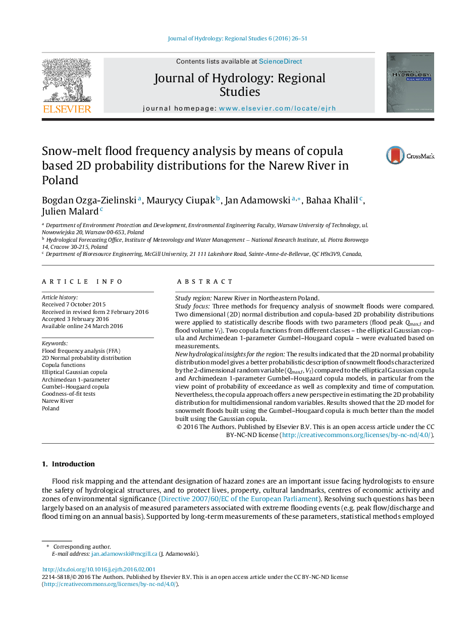 Snow-melt flood frequency analysis by means of copula based 2D probability distributions for the Narew River in Poland