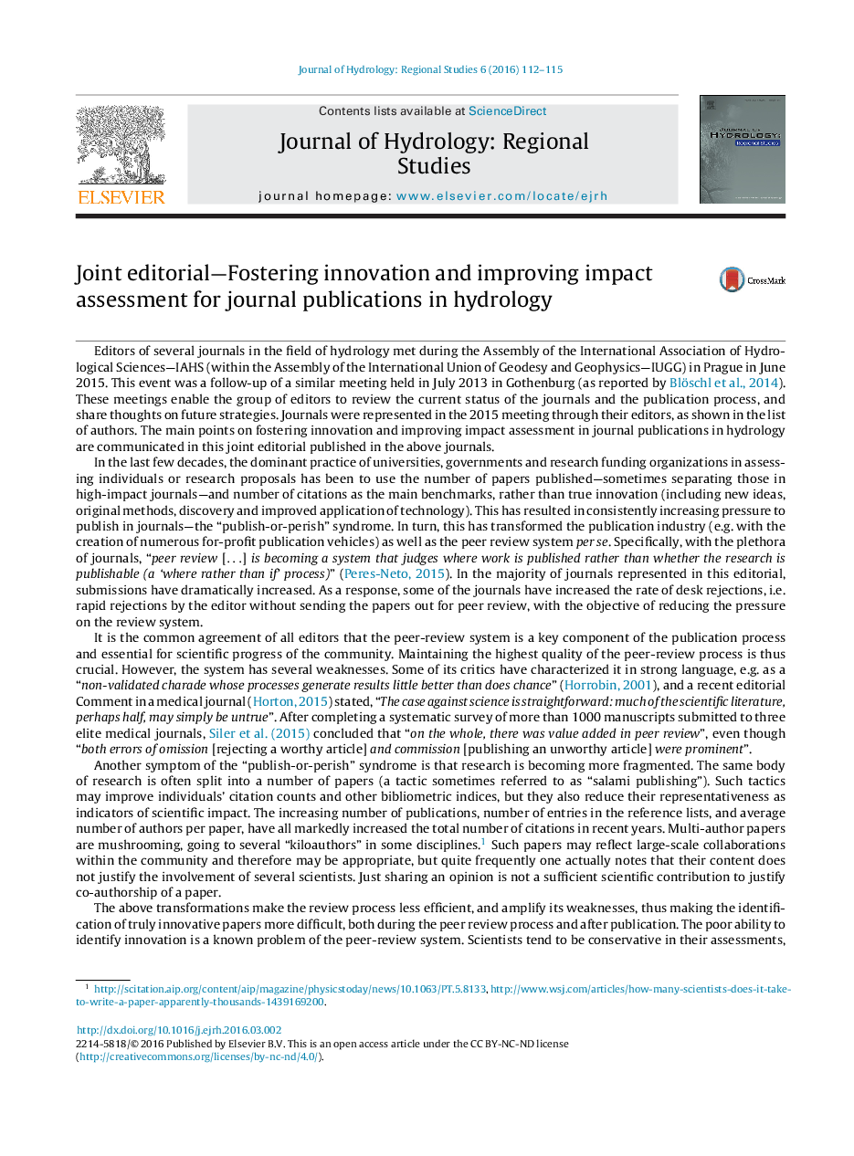 Joint editorial-Fostering innovation and improving impact assessment for journal publications in hydrology