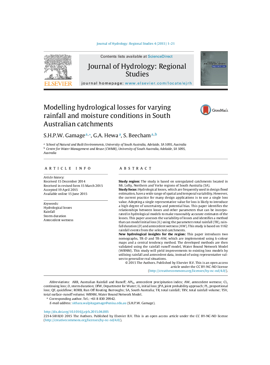 Modelling hydrological losses for varying rainfall and moisture conditions in South Australian catchments