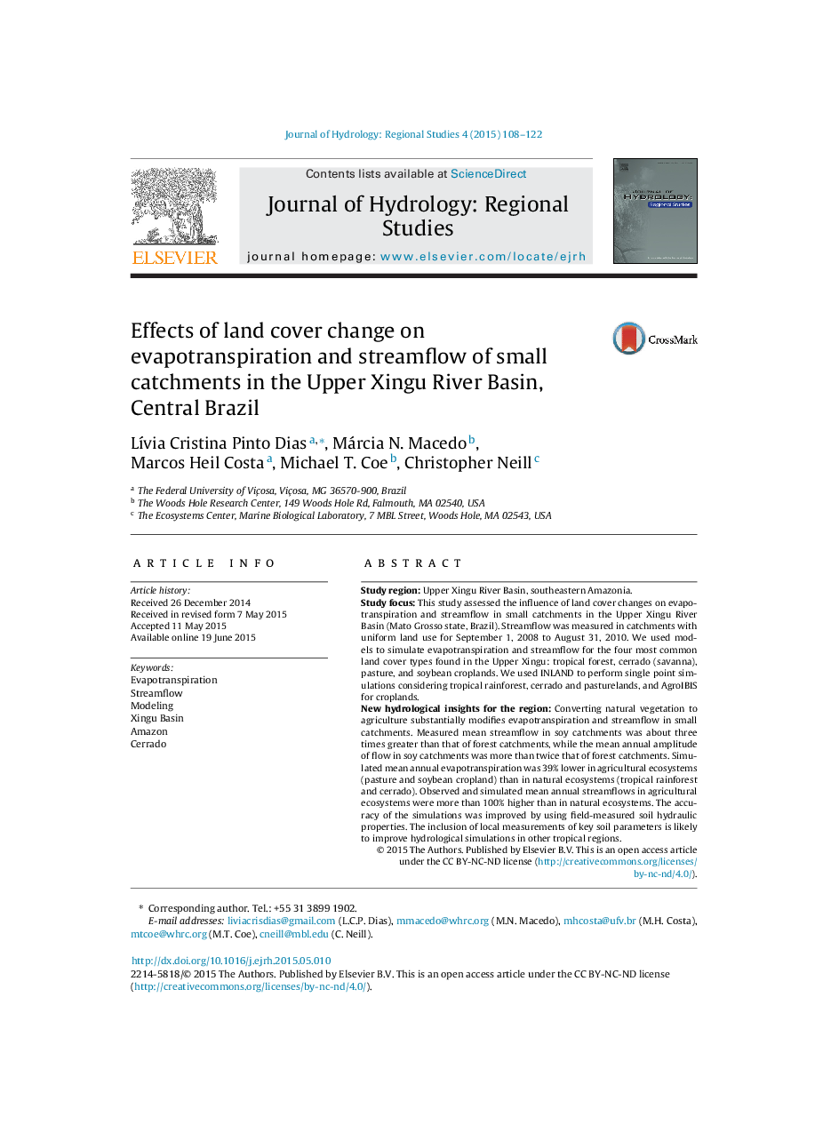 Effects of land cover change on evapotranspiration and streamflow of small catchments in the Upper Xingu River Basin, Central Brazil