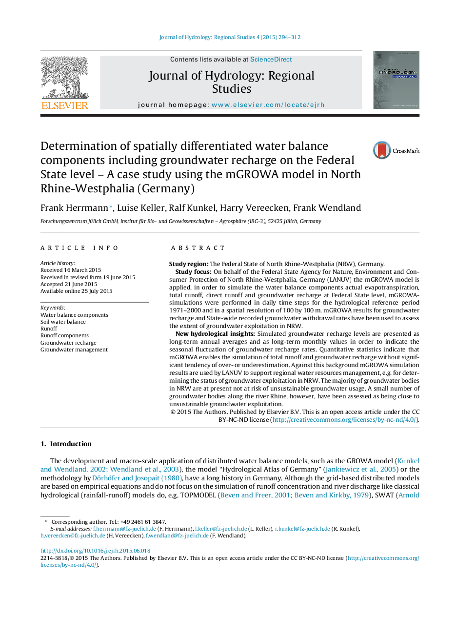 Determination of spatially differentiated water balance components including groundwater recharge on the Federal State level – A case study using the mGROWA model in North Rhine-Westphalia (Germany)