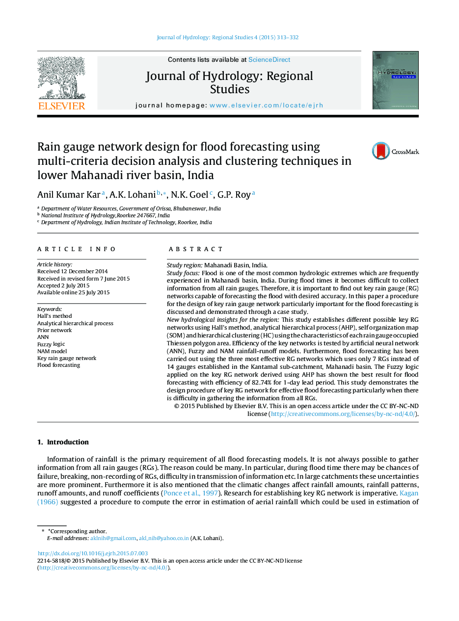 Rain gauge network design for flood forecasting using multi-criteria decision analysis and clustering techniques in lower Mahanadi river basin, India