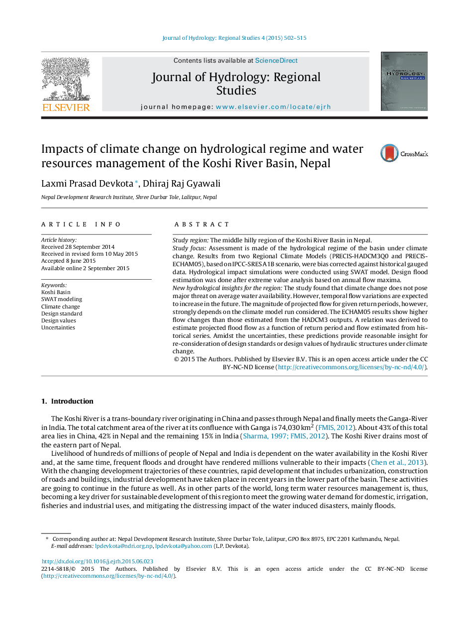 Impacts of climate change on hydrological regime and water resources management of the Koshi River Basin, Nepal